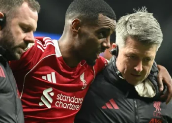 Alexander Isak es ayudado a salir del campo por miembros del cuerpo médico del Liverpool. (AFP)