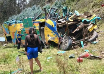 Dos menores observan el bus que  quedó inutilizado por la caída (Foto: Red Huaycheña)