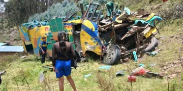 Dos menores observan el bus que  quedó inutilizado por la caída (Foto: Red Huaycheña)