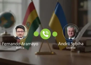 El encuentro telefónico entre los ministros de Relaciones Exteriores de Bolivia y Ucrania. (Foto: Cancillería)