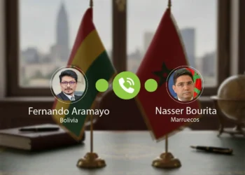 El canciller Fernando Aramayo y su homólogo y su homólogo Nasser Bourita.