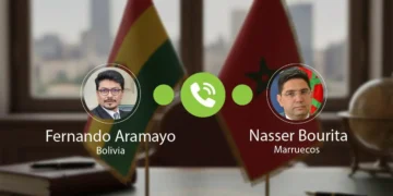 El canciller Fernando Aramayo y su homólogo y su homólogo Nasser Bourita.