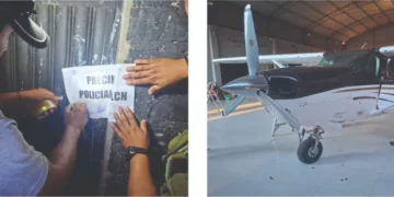 Agentes de la Policía precintan el hangar y las avionetas secuestradas. (Fotos: Sustancias Controladas).