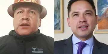 Fotografía dividida en pantalla que muestra a Mario Argollo, dirigente de la COB, y Gonzalo Morales, presidente de la CNI, durante una entrevista televisiva.