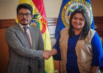 El canciller Fernando Aramayo y la jefa de la Misión de Observación de la  OEA en Bolivia, Cindy Quesada. (Foto: Cancillería).