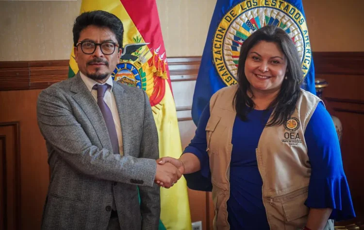 El canciller Fernando Aramayo y la jefa de la Misión de Observación de la  OEA en Bolivia, Cindy Quesada. (Foto: Cancillería).