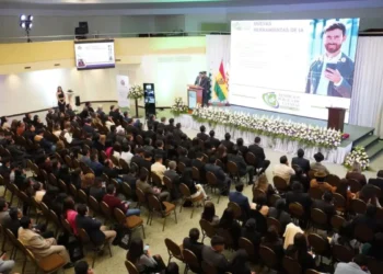 El fiscal general del Estado, Roger Mariaca, durante su informe de Rendición Pública de Cuentas. FOTO: FGE