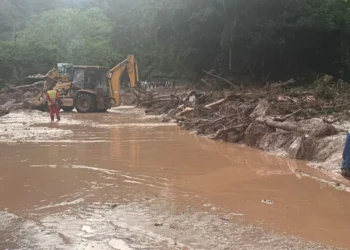 Un tractor retira las ramas que arrastró el río. (Foto: Min. de Obras Públicas)