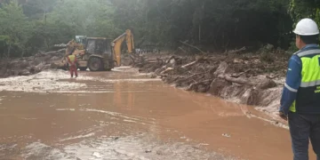 Un tractor retira las ramas que arrastró el río. (Foto: Min. de Obras Públicas)