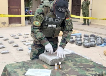 Un agente policial realizar el análisis químico a la droga incautada. (Foto: FELCN)
