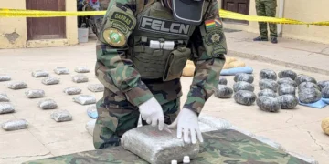 Un agente policial realizar el análisis químico a la droga incautada. (Foto: FELCN)