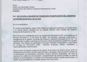 La carta enviada por el alcalde Iván Arias al alcalde electo Cesar Docweiler. Imagen: GAMLP