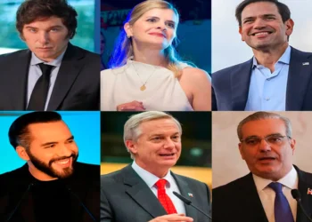 Javier Milei, Laura Fernández y marco Rubio (arriba); Nayib Bukele, José Antonio Kast y Luis Abinader. Foto: Producción La Razón