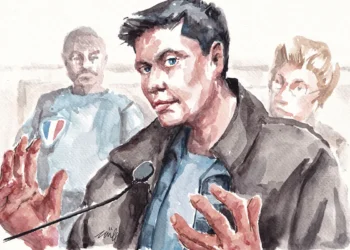 Boceto judicial que muestra al ciudadano chileno Nicolás Zepeda durante el juicio. Foto: AFP