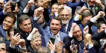 El senador Flavio Bolsonaro celebra la aprobación/AFP