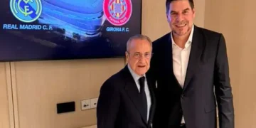 Florentino Pérez, presidente del Real Madrid, y Marcelo Claure, uno de los propietarios del Girona este viernes en el Santiago Bernabéu (Marcelo Claure)