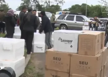 Largas filas en el aeropuerto de Santa Cruz para el envío de alimentos. Foto: Bolivia Tv