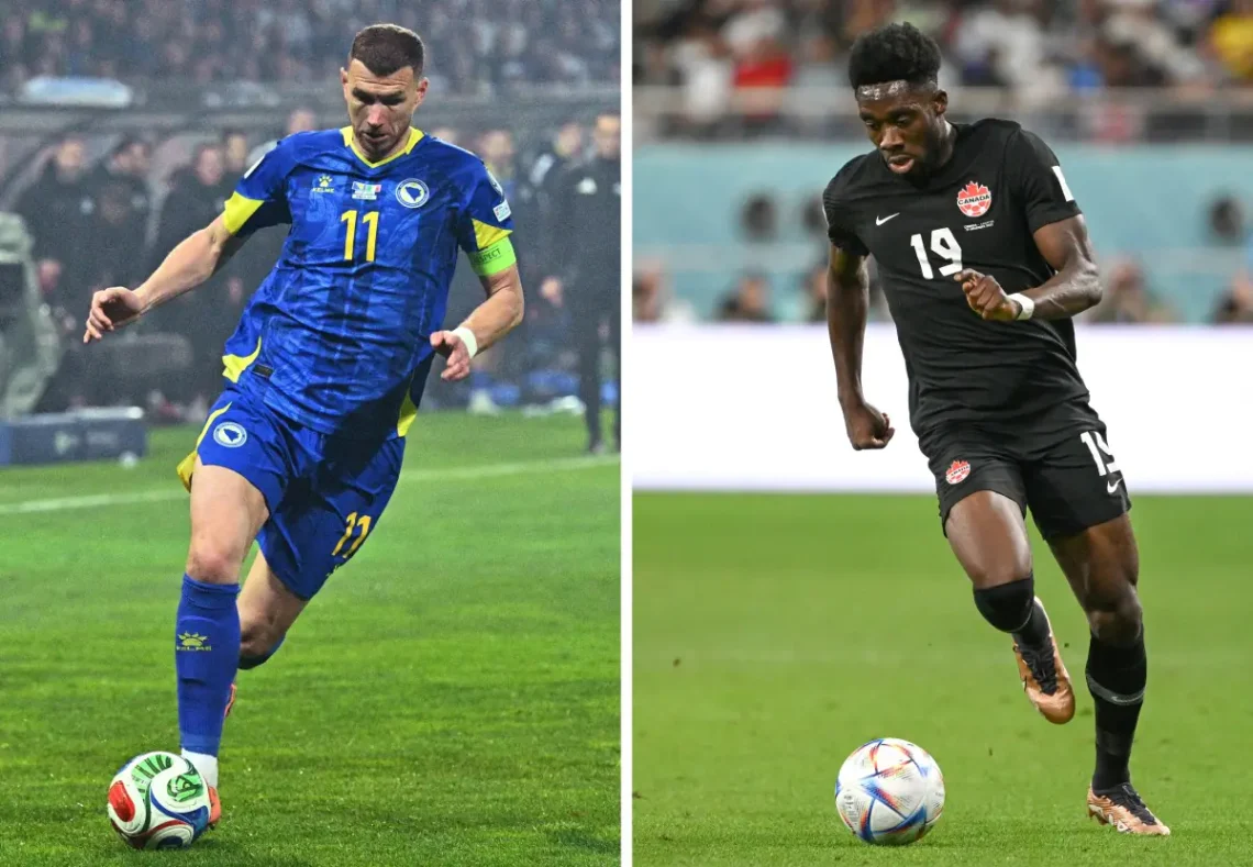 El bosnio Edin Dzeko (izq.) y el delantero canadiense Alphonso Davies (AFP).