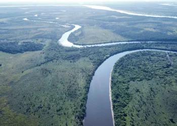 Vista aérea de un tramo de la Hidrovía Paraguay-Paraná. Foto: Obras Públicas y Comunicaciones de Paraguay